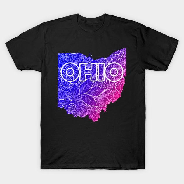 Colorful mandala art map of Ohio with text in blue and violet T-Shirt by Happy Citizen